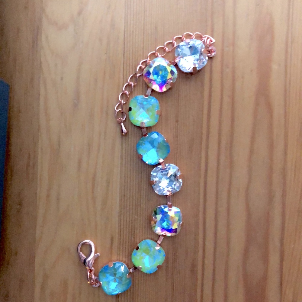 Aquamarine + Peridot AB Cushion Rose Gold Crystal Tennis Bracelet - Picture 6 of 11
